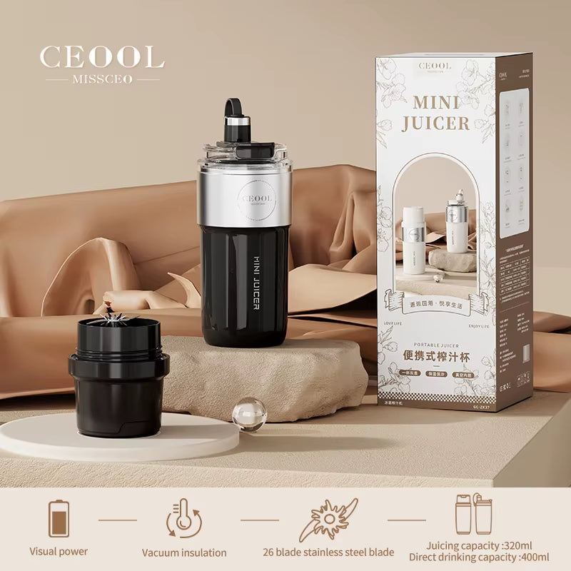 Insulated Juicer Double Layer Vacuum 304 Stainless Steel Juicers 350Ml USB Charge Portable 26 Blades Strong Power Freesh Juicer