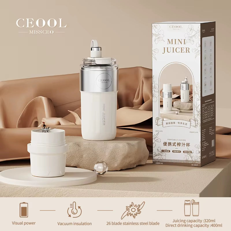 Insulated Juicer Double Layer Vacuum 304 Stainless Steel Juicers 350Ml USB Charge Portable 26 Blades Strong Power Freesh Juicer