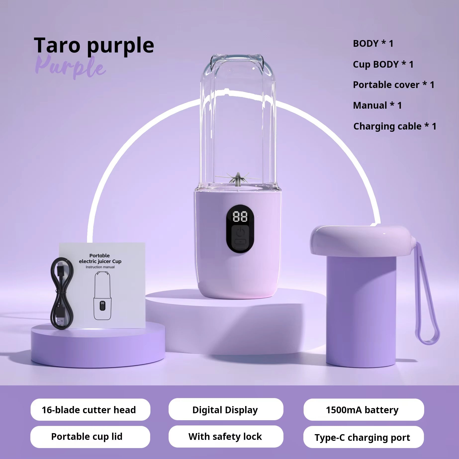 500ML Portable Blender with Lid Rechargeable Wireless Orange Juicer 16 Stainless Blades USB Smoothie Vegetables Fruits Mixer