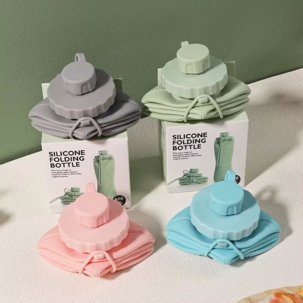 600Ml Silicone Folding Bottle Adult Portable Reusable Plastic Cups Outdoor Travel Gym Water Bottle Motivational Drinking Bottle