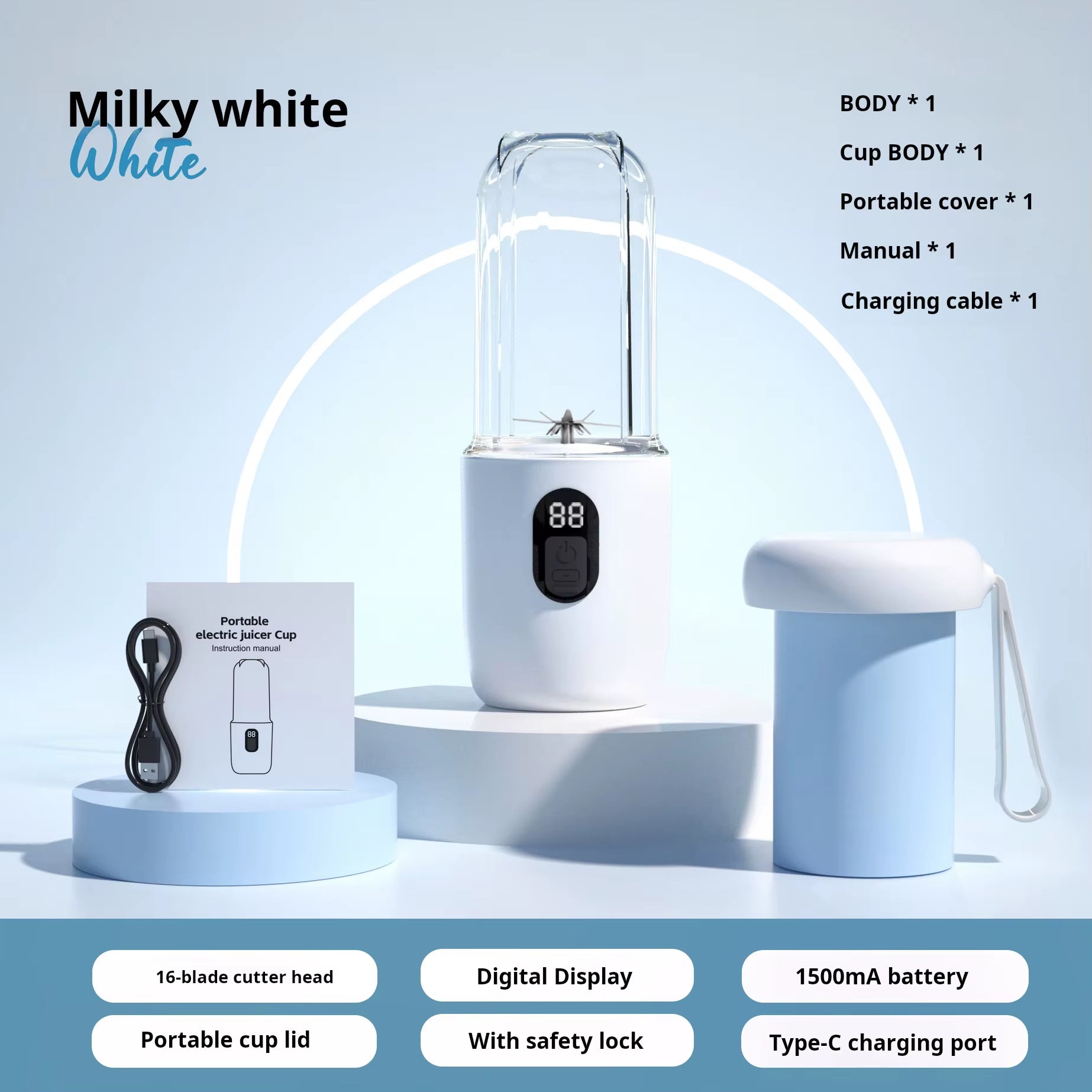 500ML Portable Blender with Lid Rechargeable Wireless Orange Juicer 16 Stainless Blades USB Smoothie Vegetables Fruits Mixer