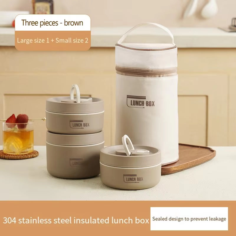 304 Stainless Steel Insulated Lunch Box with Storage Bag Portable Double-Layer Covered Lunch Box Office Student Sealed Lunch Box