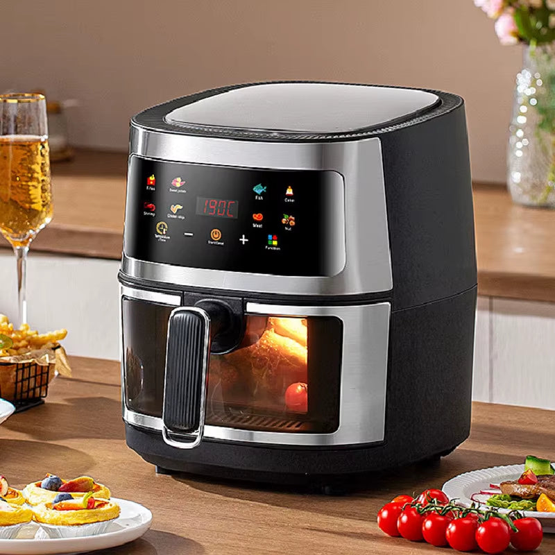 New 6L Stainless Steel Large-Capacity Air Fryer Household Visual Electric Oven Oil-Free Multifunctional Home Black White Green